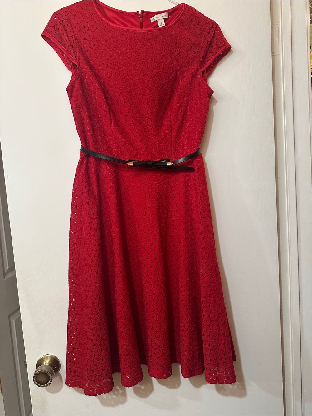 Red Lace Midi Dress with Slim Black Belt